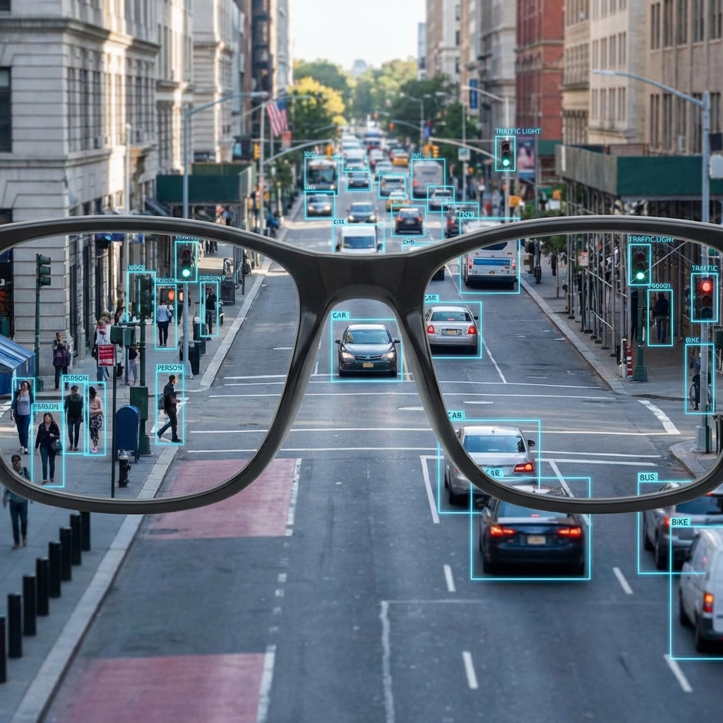 First person view through glasses showing bounding boxes around cars and people