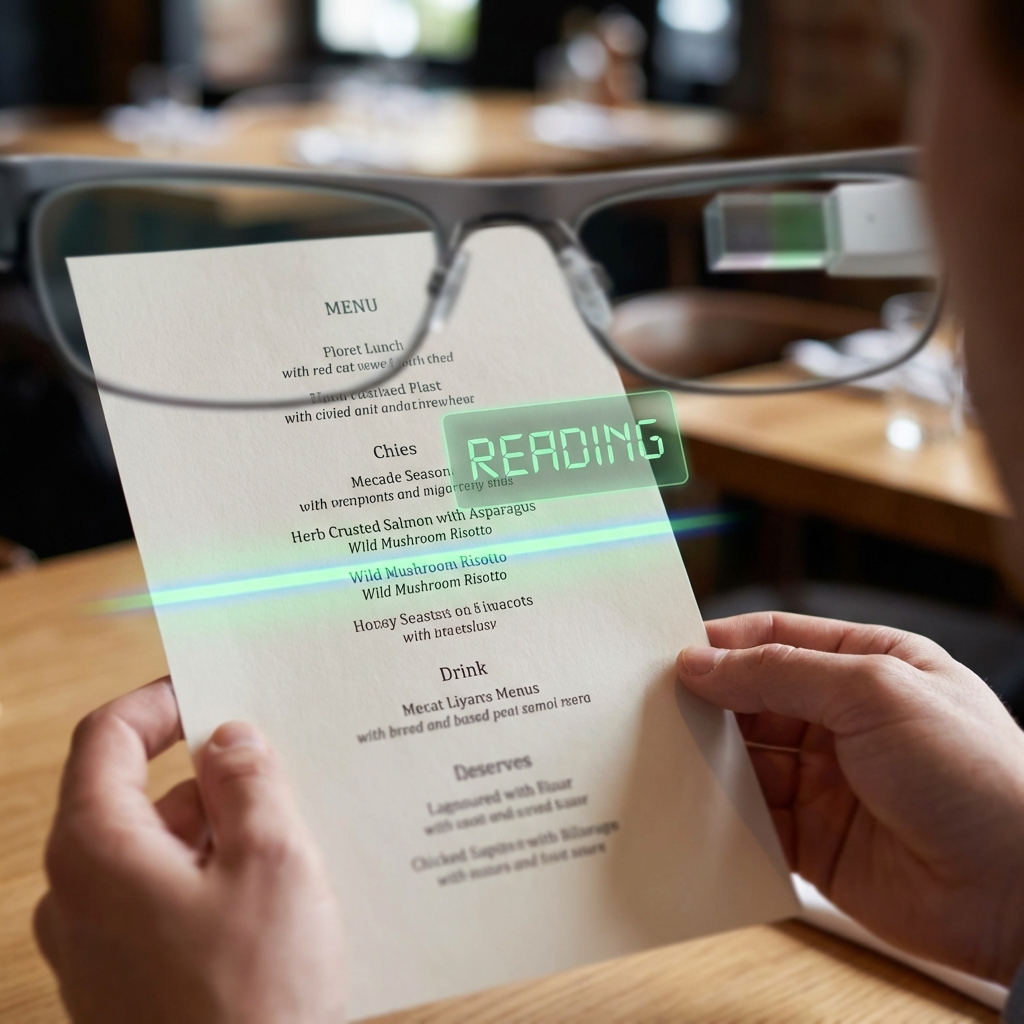 First person view of reading a menu with AR text highlighting